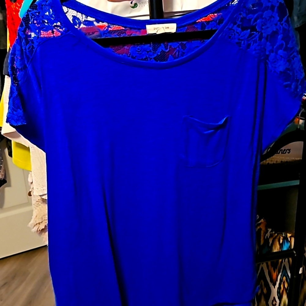 Lace shoulder/back paper t blue t-shirt 1x